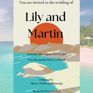 Vibrant and Elegant Beach Wedding Invitation template - shades of orange, turquoise, and neutral tones.