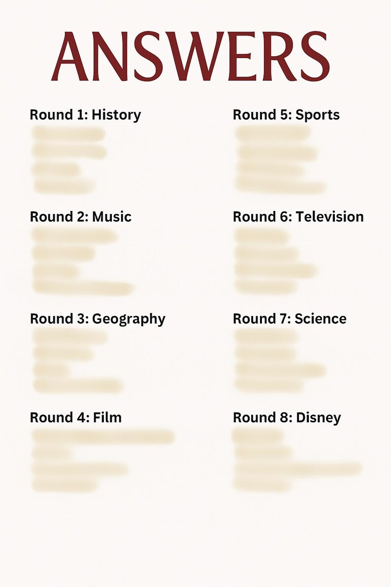 Printable Round Questions Pub Quiz Night | Trivia Quiz | Quiz Questions and Answers | 40 ...