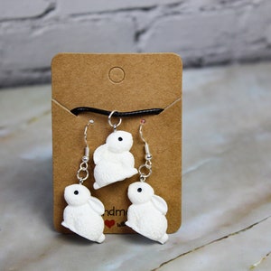 Bunny Earrings, Rabbit Necklace, Hypoallergenic Earring Wires, Silver Earrings Gift Handmade Novelty Animal Jewellery Set Fun Funny Foodie