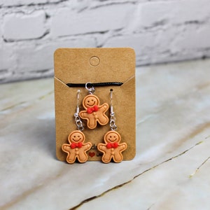Gingerbread Man Earrings, Snack Necklace, Hypoallergenic Earring Wires, Silver Earrings Gift Handmade Novelty Jewellery Set Fun Funny Foodie