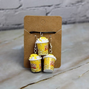 Popcorn Earrings, Sweet Necklace, Hypoallergenic Earring Wires, Silver Earrings Gift Handmade Novelty Popcorn Jewellery Set Fun Funny Foodie