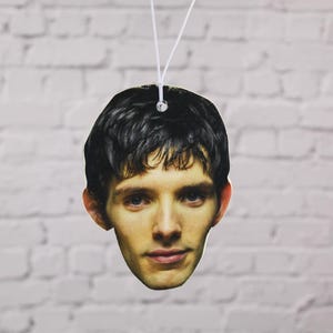 May include: A printed air freshener depicting a man's face with dark hair and fair skin. The air freshener is suspended by a white string against a white brick wall.