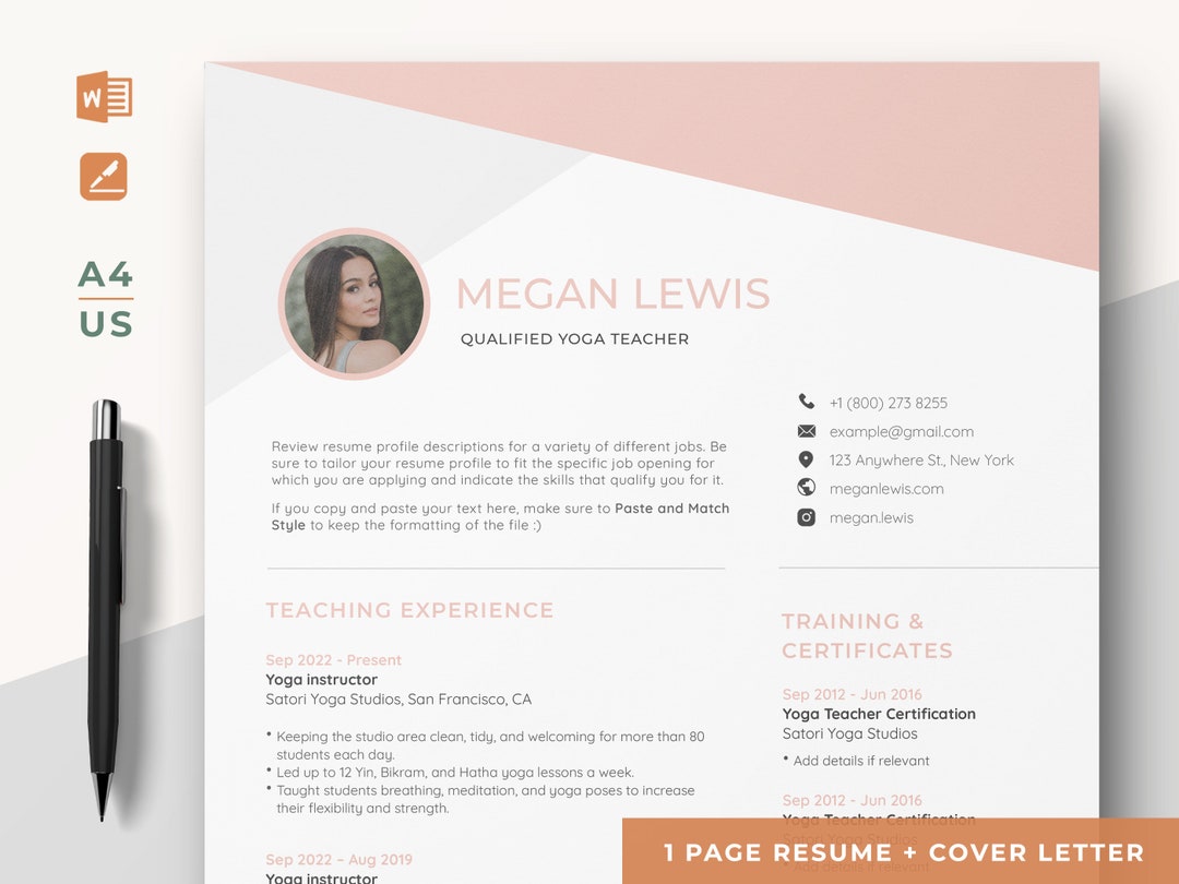 Professional Yoga Teacher Resume Template, Easy and Simple Yoga