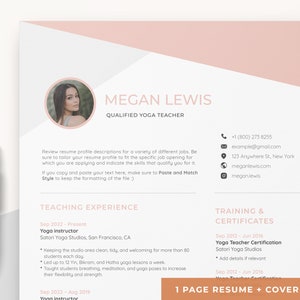 Plantilla de CV para profesor de yoga profesional, plantilla de CV para entrenador de yoga fácil y sencilla con carta de presentación a juego/páginas de MS Word y Apple