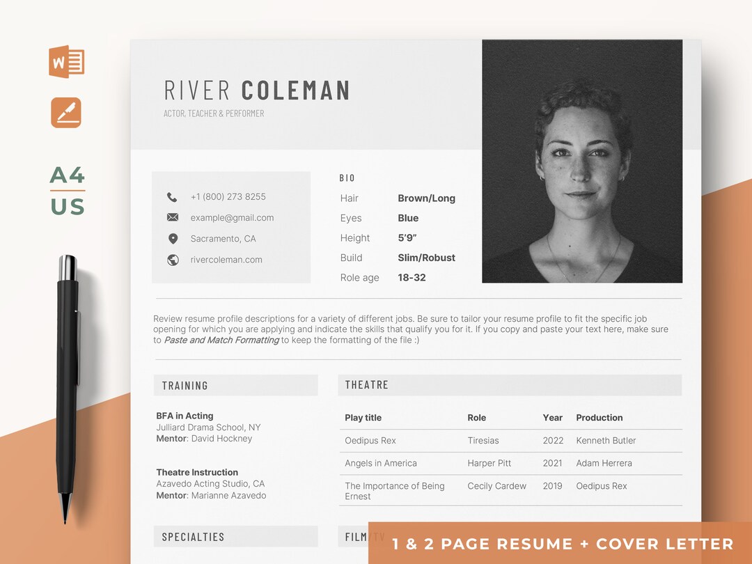 Professional Acting Resume Template, Curriculum Template for Theatre ...