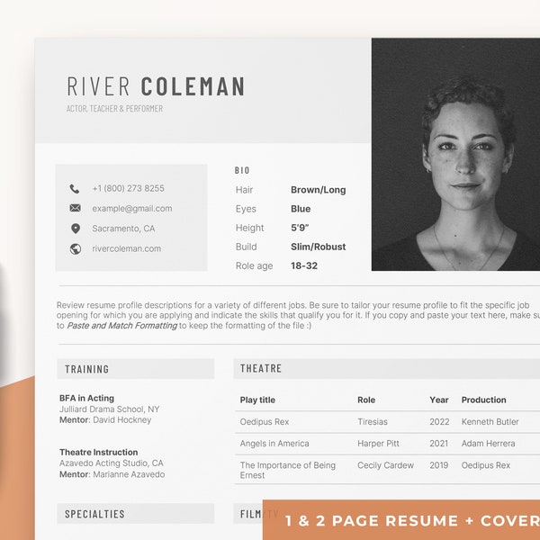 Professional Acting Resume Template, Curriculum Template for Theatre, Film, Director, TV and Commercials Actor | MS Word & Apple Pages