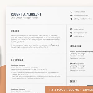 Peut inclure: Un modèle de CV avec un fond blanc et du texte noir. Le CV est pour Robert J. Albrecht, Chef de la direction, gestionnaire, mentor. Le CV comprend des sections pour Profil, Expérience, Éducation et Compétences. Le CV comprend également les coordonnées de Robert J. Albrecht.