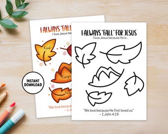 I Always Fall For Jesus: Children's Bible Activity, Fall Coloring Page, Sunday School, Preschool Bible Study, Fall Leaves, Bible Verse Craft