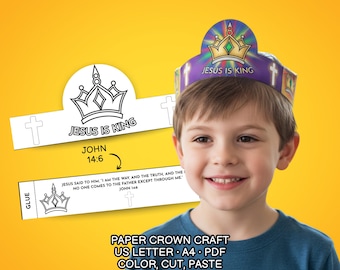 May include: A child wearing a paper crown with the text "JESUS IS KING". The crown is purple, gold, and white. The image also shows a paper crown craft with instructions and the text "John 14:6".
