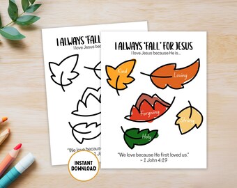 I Always Fall For Jesus: Children's Bible Activity, Fall Coloring Page, Sunday School, Preschool Bible Study, Fall Leaves, Bible Verse Craft