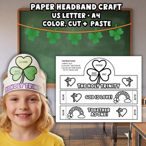 May include: A young girl smiles, wearing a paper headband craft with a shamrock design and the words "The Holy Trinity." The image includes instructions and a green chalkboard with shamrock decorations.