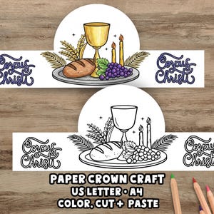 Può includere: Due corone di carta con la scritta Corpus Christi. Una corona è a colori con un calice dorato, pane, uva e candele su un piatto. La seconda corona è una versione in bianco e nero da colorare. Il testo recita Paper Crown Craft US Letter A4 Color, Cut + Paste.