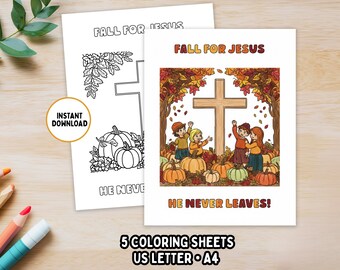 Fall For Jesus, He Never Leaves: Children's Coloring Page, Bible Study Activity, Fall Coloring Page, Sunday School Craft, Autumn Leaves