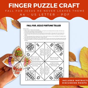 May include: A craft project featuring a "Fall for Jesus" theme. The image shows a folded paper fortune teller with colorful text and illustrations, along with a printed instruction sheet. The design incorporates autumn leaves and religious themes.
