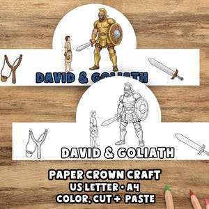 May include: Two paper crown crafts featuring illustrations of David and Goliath. One is colored, the other is black and white. Each crown includes a slingshot and sword graphic. The text "DAVID & GOLIATH" is displayed on each crown.