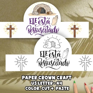 Könnte beinhalten: Zwei Papierkronen mit religiösen Themen. Eine zeigt ein braunes Kreuz und den Text "ELE está Ressuscitado" in Lila. Die andere hat ein schwarz-weißes Kreuz und denselben Text. Der Text unten lautet "PAPER CROWN CRAFT US LETTER A4 COLOR, CUT + PASTE."