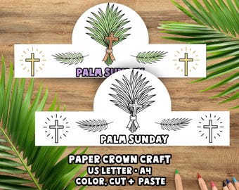 Może przedstawiać: Dwa papierowe korony z motywem Niedzieli Palmowej. Każda korona zawiera gałązkę palmową, krzyż i napis "PALM SUNDAY". Na dole obrazu znajduje się napis "PAPER CROWN CRAFT US LETTER A4 COLOR, CUT + PASTE".