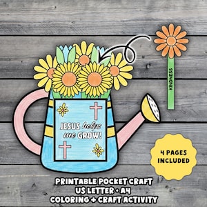 Puede incluir: Una colorida manualidad de bolsillo imprimible con una regadera llena de girasoles y el texto "JESUS helps me GROW!". Incluye un marcapáginas con la palabra "KINDNESS" y una etiqueta amarilla que dice "4 PAGES INCLUDED".