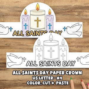 May include: Two paper crowns with the text "ALL SAINTS DAY". Each crown features a central candle design with a cross, flanked by smaller candles and doves. The bottom of the image reads "ALL SAINTS DAY PAPER CROWN US LETTER A4 COLOR, CUT + PASTE".