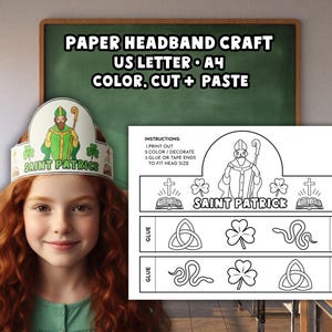 May include: A paper headband craft with the text "PAPER HEADBAND CRAFT US LETTER • A4 COLOR, CUT + PASTE". The headband features a Saint Patrick's Day design with a leprechaun and shamrocks. Instructions are included.