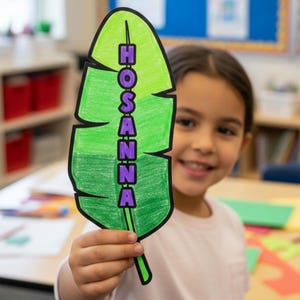 Puede incluir: Un recorte en forma de hoja verde y negra con la palabra "HOSANNA" en letras moradas. El recorte lo sostiene una persona en un aula. La hoja tiene un degradado de tonos verdes.