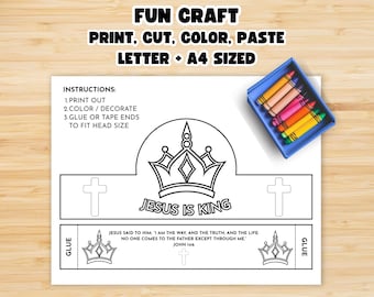 May include: A white paper craft kit with instructions to print, cut, color, and paste a crown. The text "JESUS IS KING" is printed on the crown. A box of colorful crayons is included.