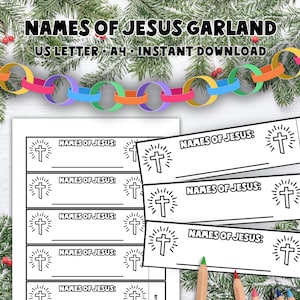 May include: A craft kit for a "Names of Jesus Garland", featuring a colourful paper chain and printed sheets. The sheets display the text "Names of Jesus" alongside cross illustrations. The text "US Letter A4 Instant Download" is also visible.