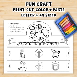 May include: A white paper craft kit with the text "FUN CRAFT" and "PRINT, CUT, COLOR + PASTE". The kit includes instructions and line drawings of religious symbols. A blue crayon box is in the upper right corner.
