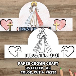May include: Two paper crown crafts featuring illustrations of Jesus, hearts, and crosses. The text "I TRUST IN JESUS!" is printed on the crowns. The bottom of the image has the text "PAPER CROWN CRAFT US LETTER A4 COLOR, CUT + PASTE".