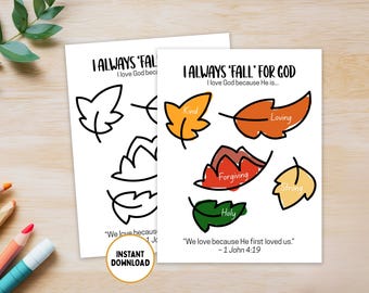 I Always Fall For God: Children's Bible Activity, Fall Coloring Page, Sunday School, Preschool Bible Study, Fall Leaves, Bible Verse Craft