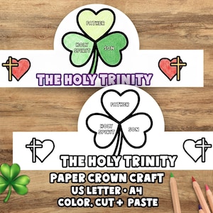 Può includere: Due corone di carta con la scritta "THE HOLY TRINITY". Ogni corona presenta un disegno a trifoglio con le parole "Father", "Holy Spirit" e "Son". La parte inferiore dell'immagine contiene la scritta "PAPER CROWN CRAFT US LETTER A4 COLOR, CUT + PASTE".