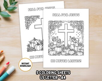 Fall For Jesus, He Never Leaves: Children's Coloring Page, Bible Study Activity, Fall Coloring Page, Sunday School Craft, Autumn Leaves