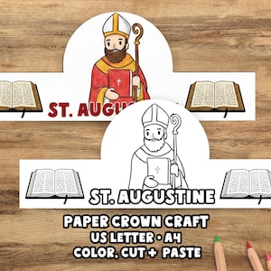 Op de afbeelding: Twee papieren kroon sjablonen met afbeeldingen van St. Augustinus, één in kleur en één in zwart-wit, met staf en boek. De tekst bevat "ST. AUGUSTINE" en "PAPER CROWN CRAFT".