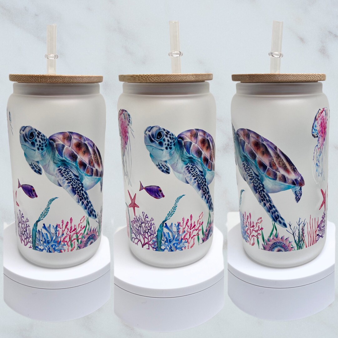 Sea Life Turtle Jelly Fish Coral Handmade Glass Cup With Bamboo Lid and ...