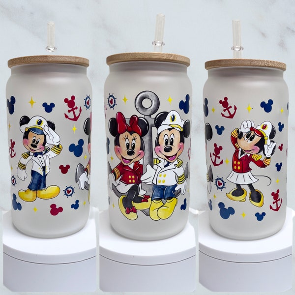 Mickey and Minnie Mouse Cruise Andhor Handmade Glass Cup with Bamboo Lid and Straw