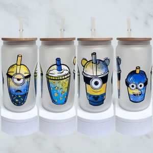 Minion Handmade Glass Cup with Bamboo Lid and Straw - gifts under 20