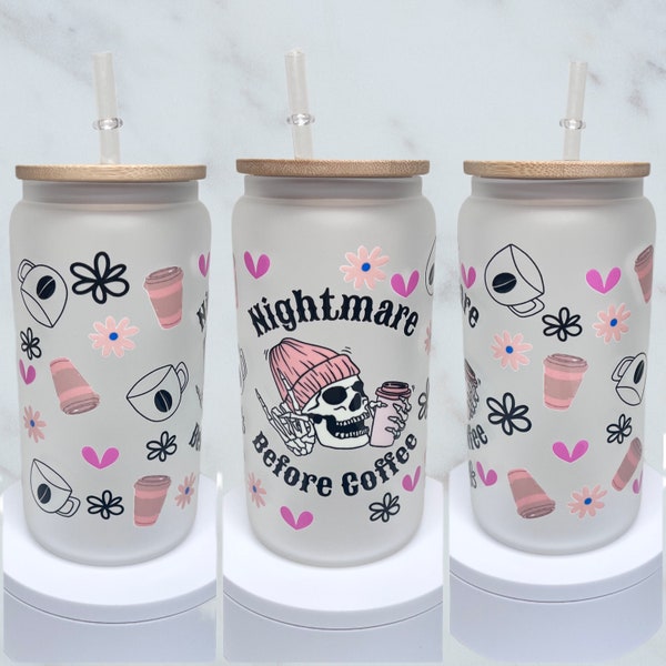 Nightmare Before Coffee Skeleton  Handmade Glass Cup with Bamboo Lid and Straw - coffee - latte - cold brew - spooky - cute - cappuccino