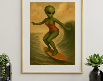 Vintage Style Alien Surfer Art Print, Retro Sci-Fi Decor (Digital Download)