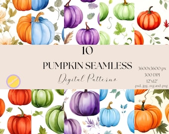 Watercolor Pumpkin Seamless Pattern, Fall Digital Paper (Digital Download)