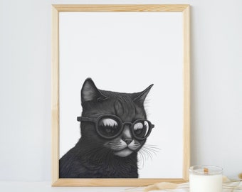 Cat Sketch Art, Black and White Art, Line Drawing Art, Digital Printable Art, Wall Art, Cat Etching Art, Digital Download, Living Room Art