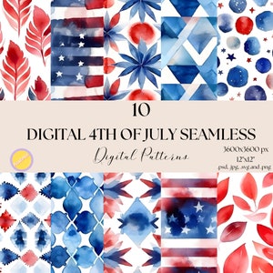 10 digitale 4 juli naadloze patronen, Independence Day-patronen, 4 juli, digitaal papier, vlag van de VS, patriottisch, rood, wit en blauw