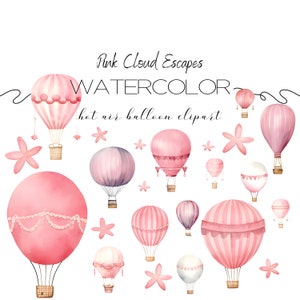 Aquarell Heißluftballon Clipart, Rosa Wolke entweicht Sammlung, PNG Clipart, Babyparty Clipart, Geburtstagseinladung Clipart, Kinderzimmer