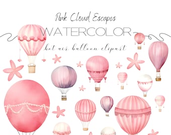 Watercolor Hot Air Balloon Clipart, Pink Cloud Escapes (PNG Digital Download)