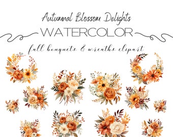 Fall Flower Bouquet Clipart, Watercolor Autumn Wreaths (Digital Download)