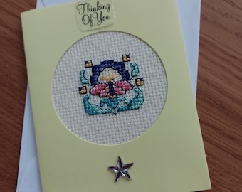 Carte Je pense à vous, Fleur cousue, carte faite à la main, cousue en croix