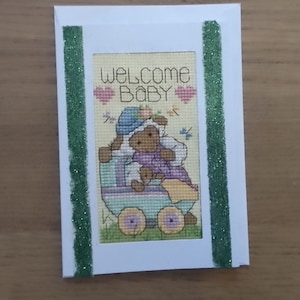 Bienvenue bébé, nouveau-né, carte de voeux au point de croix, cartes faites main,