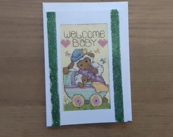 Bienvenue bébé, nouveau-né, carte de voeux au point de croix, cartes faites main,
