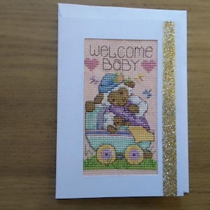 Bienvenue bébé, nouveau-né, carte de voeux au point de croix, cartes faites main,