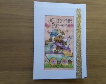 Bienvenue bébé, nouveau-né, carte de voeux au point de croix, cartes faites main,