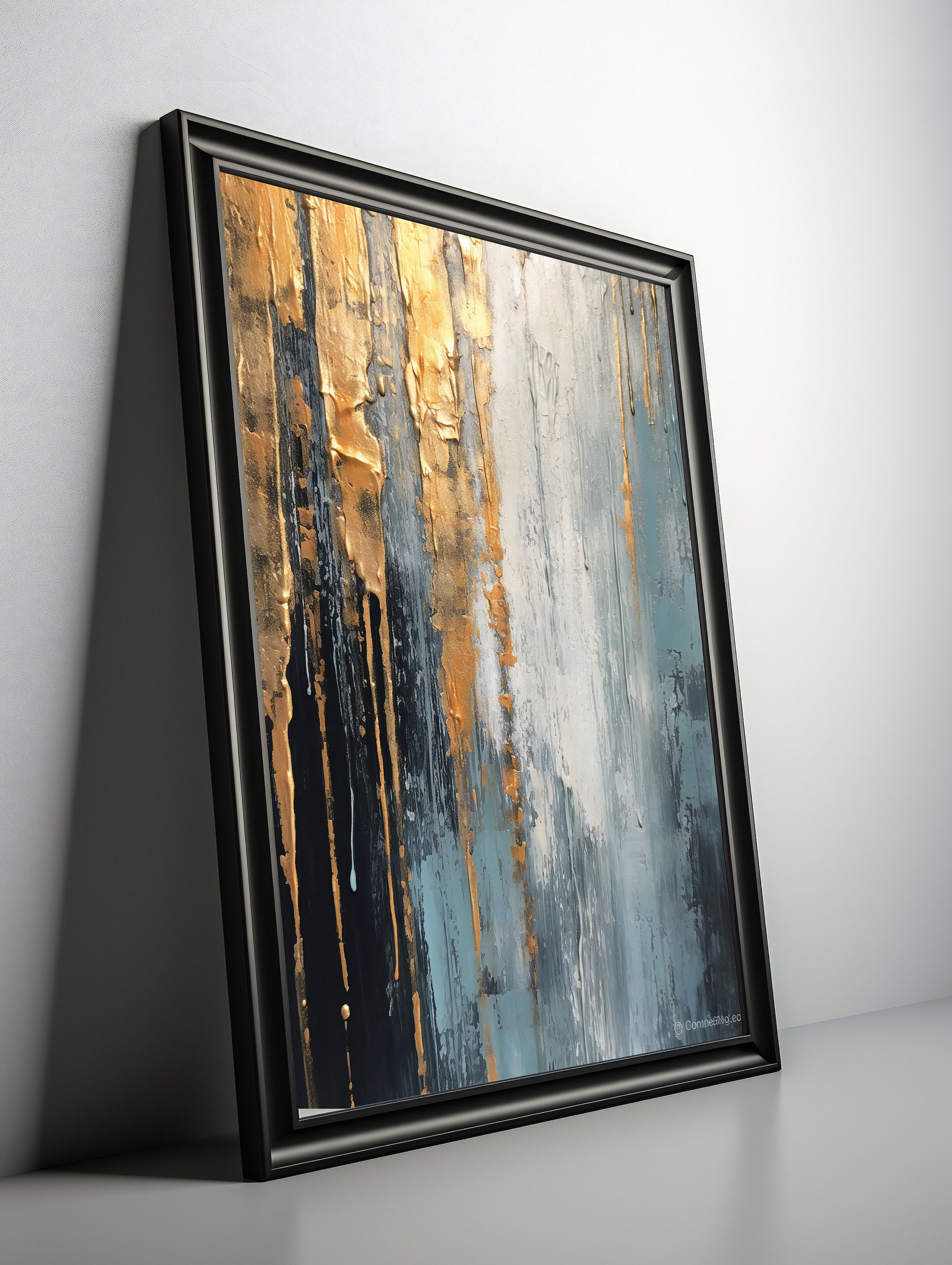 Gold Blue Teal Wall Art Set of 3, Abstract Gold Prints, Gold Bedroom